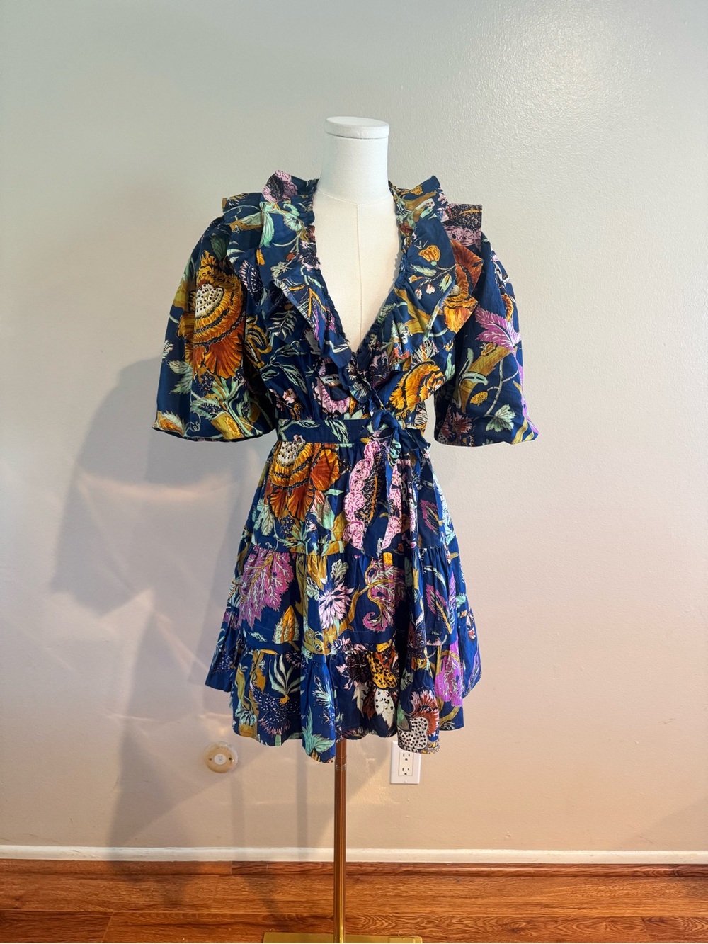 House of Harlow 1960 - 100% Cotton Navy Floral Ruffle Wrap Mini Dress